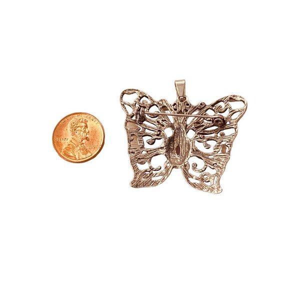 Silvertone Butterfly Pendant Brooch Purple Jewel 1.5" Filigree Style - Picture 9 of 14